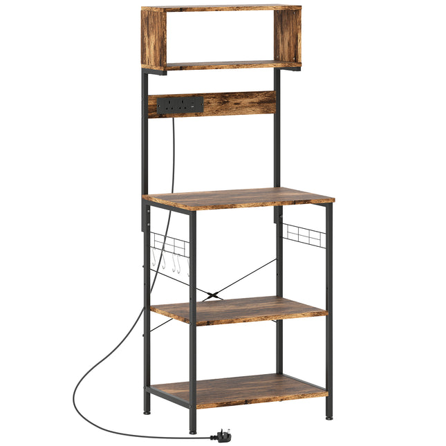 Kitchen Storage Rack, Bakers Rack with Power Outlet, USB Charger, Rustic Brown