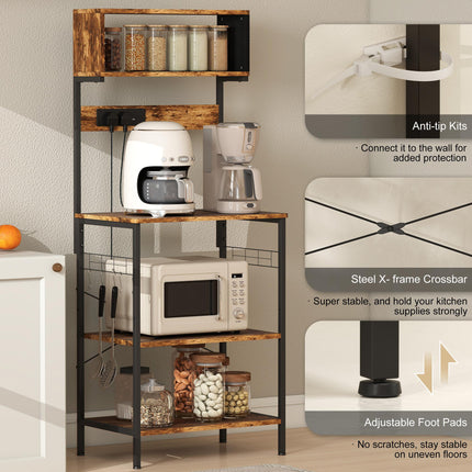 Kitchen Storage Rack, Bakers Rack with Power Outlet, USB Charger, Rustic Brown