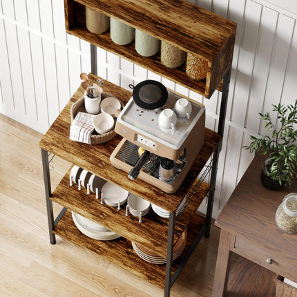 Kitchen Storage Rack, Bakers Rack with Power Outlet, USB Charger, Rustic Brown