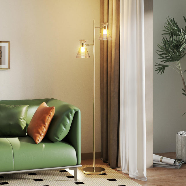 Floor Lamp with Adjustable Dual Head, Modern Standing Lamp with Floral Glass Shades and Foot Switch for Living Room Bedroom, E27 Socket, Bulb Not Included, Gold Tone