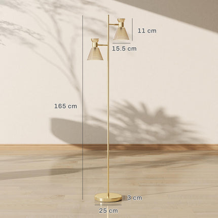 Floor Lamp with Adjustable Dual Head, Modern Standing Lamp with Floral Glass Shades and Foot Switch for Living Room Bedroom, E27 Socket, Bulb Not Included, Gold Tone