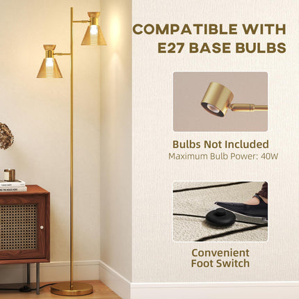 Floor Lamp with Adjustable Dual Head, Modern Standing Lamp with Floral Glass Shades and Foot Switch for Living Room Bedroom, E27 Socket, Bulb Not Included, Gold Tone