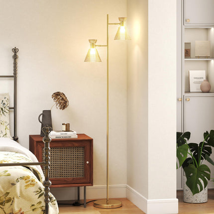 Floor Lamp with Adjustable Dual Head, Modern Standing Lamp with Floral Glass Shades and Foot Switch for Living Room Bedroom, E27 Socket, Bulb Not Included, Gold Tone