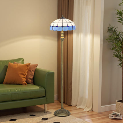 Tiffany-Style Floor Lamp with Handcrafted Stained Glass Shade, 152cm Tall Vintage Standing Lamp with Foot Switch and Dual Sockets for Living Room Bedroom, Bronze Tone and Blue