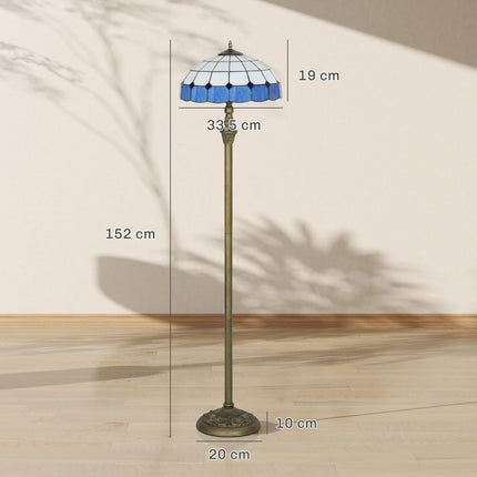 Tiffany-Style Floor Lamp with Handcrafted Stained Glass Shade, 152cm Tall Vintage Standing Lamp with Foot Switch and Dual Sockets for Living Room Bedroom, Bronze Tone and Blue