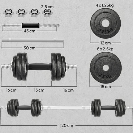 2-in-1 Adjustable Dumbbells Set, 30kg Cast Iron Weights Dumbbells Set with Non-Slip Grip for Strength Training, Weight Lifting, Bodybuilding, Home Gym Workout Equipment for Men & Women