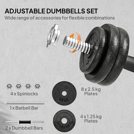 2-in-1 Adjustable Dumbbells Set, 30kg Cast Iron Weights Dumbbells Set with Non-Slip Grip for Strength Training, Weight Lifting, Bodybuilding, Home Gym Workout Equipment for Men & Women