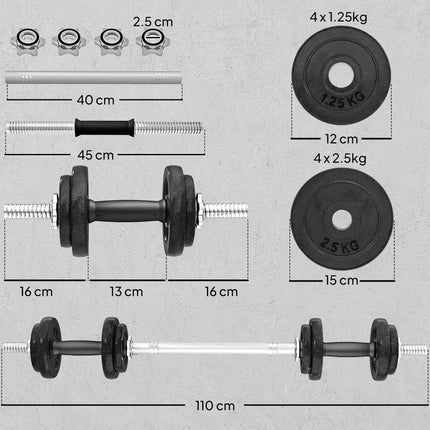 2-in-1 Adjustable Dumbbells Set, 20kg Cast Iron Weights Dumbbells Set with Non-Slip Grip for Strength Training, Weight Lifting, Bodybuilding, Home Gym Workout Equipment for Men & Women