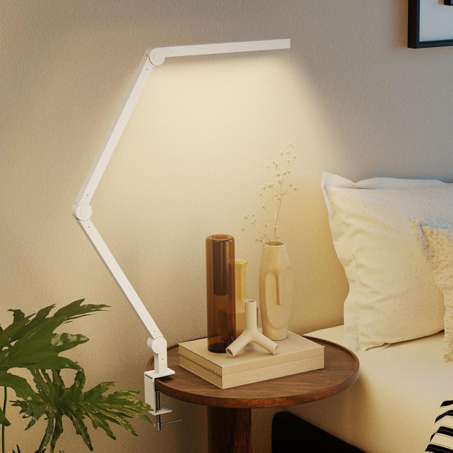 LED Desk Lamp, Dimmable Desk Light with Swing Arm and Clamp, Adjustable Eye-Caring Table Lamp with 2 Colour Modes & 5 Brightness Levels for Study, Drawing, Office, Architect, Task, White