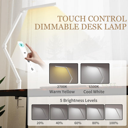 LED Desk Lamp, Dimmable Desk Light with Swing Arm and Clamp, Adjustable Eye-Caring Table Lamp with 2 Colour Modes & 5 Brightness Levels for Study, Drawing, Office, Architect, Task, White