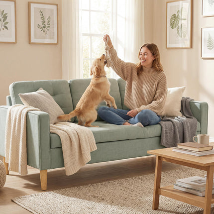 3 Seater Sofa, 169cm Couch with Hidden Storage, Wood Legs, Light Grey