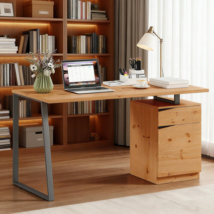 Computer Desk, Writing Desk with Cabinet, Drawer, Metal Legs, Work Table for Home Office Study, Natural Wood Finish