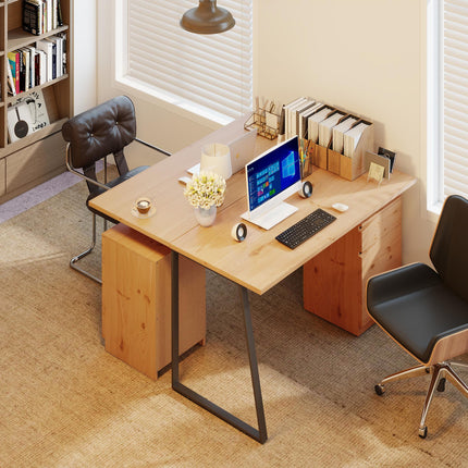 Computer Desk, Writing Desk with Cabinet, Drawer, Metal Legs, Work Table for Home Office Study, Natural Wood Finish