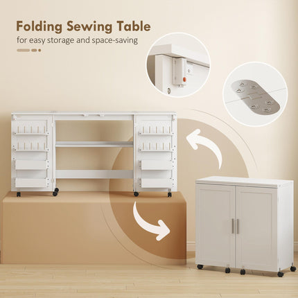 Folding Sewing Table with 2 Magnetic Doors, Storage Shelf, Lockable Wheels, Space Saving, White