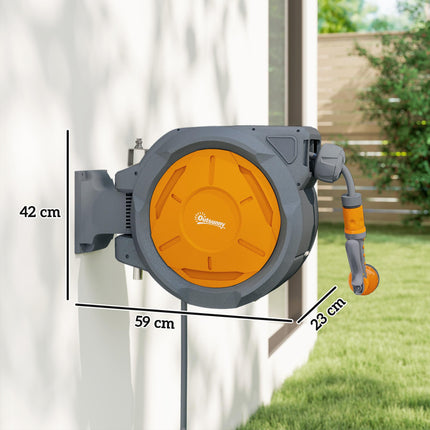 Retractable Hose Reel Wall Mounted, 30+2m Garden Hose Pipe Reel with Lock, Auto Rewind, 7 in 1 Spray Nozzle, Includes Wall Fixings, 180° Swivel, Outdoor Watering, 59 x 23 x 42 cm, Orange