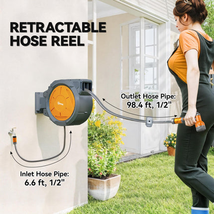 Retractable Hose Reel Wall Mounted, 30+2m Garden Hose Pipe Reel with Lock, Auto Rewind, 7 in 1 Spray Nozzle, Includes Wall Fixings, 180° Swivel, Outdoor Watering, 59 x 23 x 42 cm, Orange