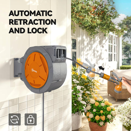 Retractable Hose Reel Wall Mounted, 30+2m Garden Hose Pipe Reel with Lock, Auto Rewind, 7 in 1 Spray Nozzle, Includes Wall Fixings, 180° Swivel, Outdoor Watering, 59 x 23 x 42 cm, Orange