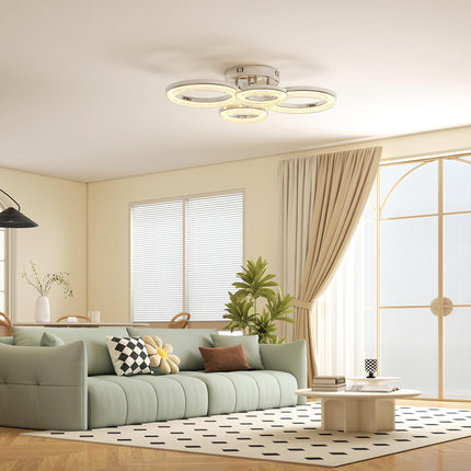 LED Ceiling Light, Modern Dimmable 4 Rings Ceiling Lamp with Wall Switch, 40W 4350lm Flush Mount Ceiling Light with 3500K/4500K/6000K Colour Temperatures for Living Room, Bedroom, Silver Tone