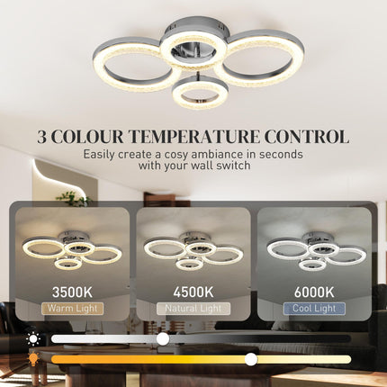 LED Ceiling Light, Modern Dimmable 4 Rings Ceiling Lamp with Wall Switch, 40W 4350lm Flush Mount Ceiling Light with 3500K/4500K/6000K Colour Temperatures for Living Room, Bedroom, Silver Tone