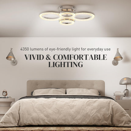 LED Ceiling Light, Modern Dimmable 4 Rings Ceiling Lamp with Wall Switch, 40W 4350lm Flush Mount Ceiling Light with 3500K/4500K/6000K Colour Temperatures for Living Room, Bedroom, Silver Tone