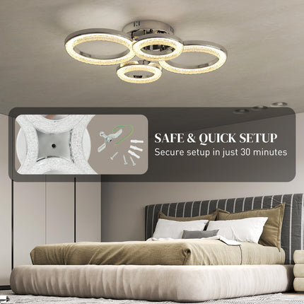 LED Ceiling Light, Modern Dimmable 4 Rings Ceiling Lamp with Wall Switch, 40W 4350lm Flush Mount Ceiling Light with 3500K/4500K/6000K Colour Temperatures for Living Room, Bedroom, Silver Tone