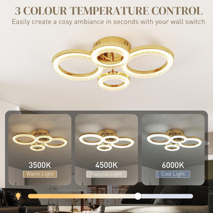 LED Ceiling Light, Modern Dimmable 4 Rings Ceiling Lamp with Wall Switch, 40W 4350lm Flush Mount Ceiling Light with 3500K/4500K/6000K Colour Temperatures for Living Room, Bedroom, Gold Tone