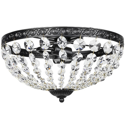 Crystal Chandelier Ceiling Light with 168 Octagonal Beads, Vintage 2-Light Flush Mount Ceiling Light for Living Room, Bedroom, Hallway, Dining Room, Black