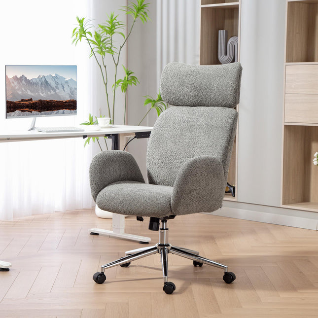 Office Chair with Adjustable Headrest, Spring Pack, Curved Line, Boucle Fabric - Charcoal Grey