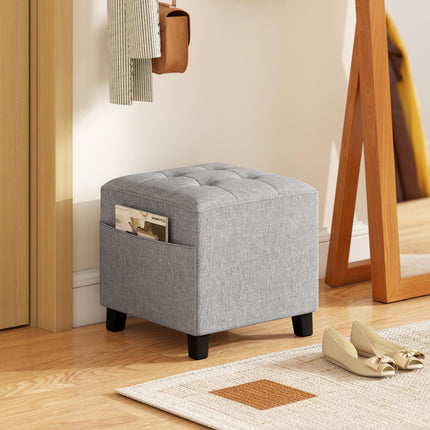 Square Footstool, Small Ottoman with Side Pocket, Linen Fabric Footrest Foot Stool with Rubber Wood Legs and Padded Seat for Living Room, Bedroom, Entryway, 35 x 35 x 35cm, Light Grey