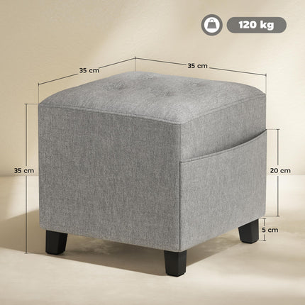 Square Footstool, Small Ottoman with Side Pocket, Linen Fabric Footrest Foot Stool with Rubber Wood Legs and Padded Seat for Living Room, Bedroom, Entryway, 35 x 35 x 35cm, Light Grey