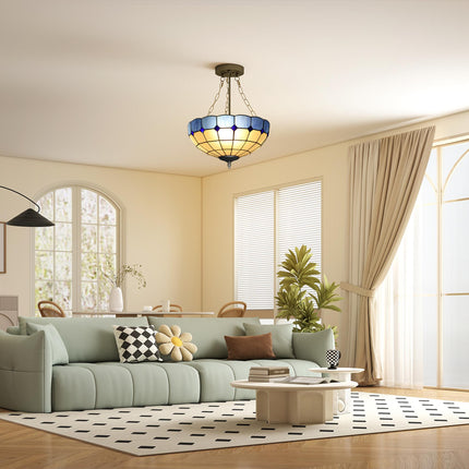 Tiffany Style Ceiling Light, Vintage Chandelier with 3 E27 Sockets, Semi Flush M