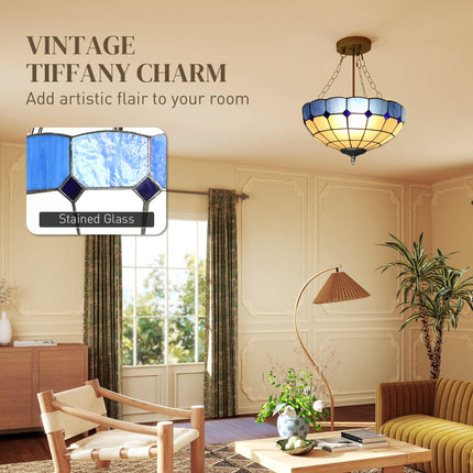Tiffany Style Ceiling Light, Vintage Chandelier with 3 E27 Sockets, Semi Flush M