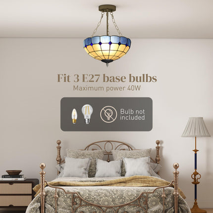 Tiffany Style Ceiling Light, Vintage Chandelier with 3 E27 Sockets, Semi Flush M