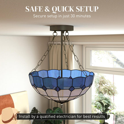 Tiffany Style Ceiling Light, Vintage Chandelier with 3 E27 Sockets, Semi Flush M