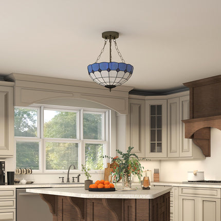 Tiffany Style Ceiling Light, Vintage Chandelier with 3 E27 Sockets, Semi Flush M