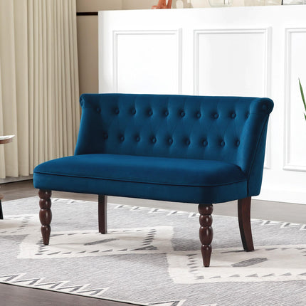 Velvet 2 Seater Sofa, Button Tufted Wingback Loveseat with Rubber Wood Legs for Living Room, Bedroom, Dark Blue