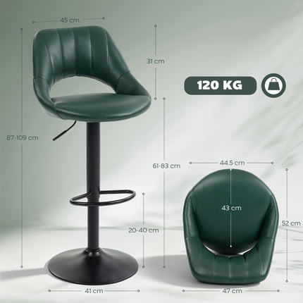 Set of Two Faux Leather Bar Stools - Dark Green