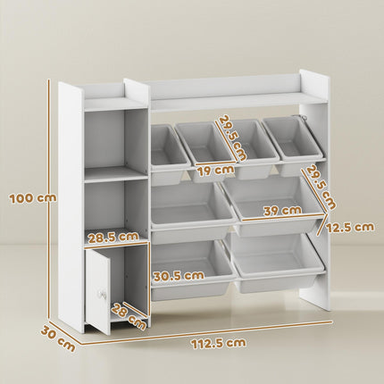 Toy Storage Unit with 8 Removable Bins, Storage Shelves, Cabinet, White