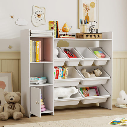 Toy Storage Unit with 8 Removable Bins, Storage Shelves, Cabinet, White
