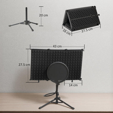 Studio Microphone Isolation Shield with Pop Filter and Tripod Stand, Foldable Adjustable Recording Studio Equipment, 3-Panel High Density Absorbent Foam Shield with 3/8" Threaded Mount, Black