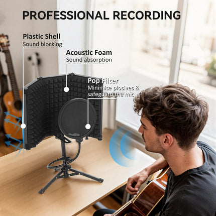 Studio Microphone Isolation Shield with Pop Filter and Tripod Stand, Foldable Adjustable Recording Studio Equipment, 3-Panel High Density Absorbent Foam Shield with 3/8" Threaded Mount, Black