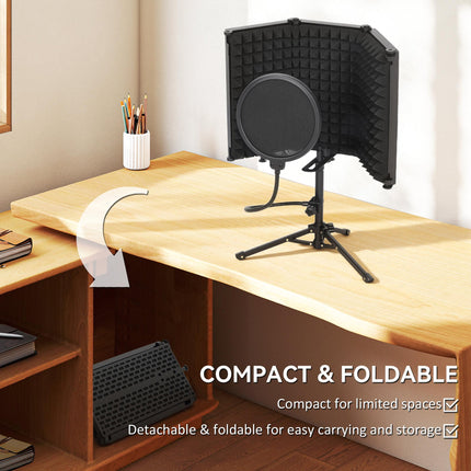 Studio Microphone Isolation Shield with Pop Filter and Tripod Stand, Foldable Adjustable Recording Studio Equipment, 3-Panel High Density Absorbent Foam Shield with 3/8" Threaded Mount, Black