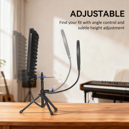 Studio Microphone Isolation Shield with Pop Filter and Tripod Stand, Foldable Adjustable Recording Studio Equipment, 3-Panel High Density Absorbent Foam Shield with 3/8" Threaded Mount, Black