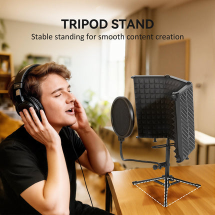 Studio Microphone Isolation Shield with Pop Filter and Tripod Stand, Foldable Adjustable Recording Studio Equipment, 3-Panel High Density Absorbent Foam Shield with 3/8" Threaded Mount, Black