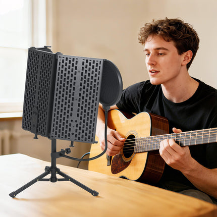 Studio Microphone Isolation Shield with Pop Filter and Tripod Stand, Foldable Adjustable Recording Studio Equipment, 3-Panel High Density Absorbent Foam Shield with 3/8" Threaded Mount, Black