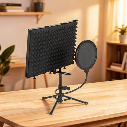 Studio Microphone Isolation Shield with Pop Filter and Tripod Stand, Foldable Adjustable Recording Studio Equipment, 3-Panel High Density Absorbent Foam Shield with 3/8" Threaded Mount, Black
