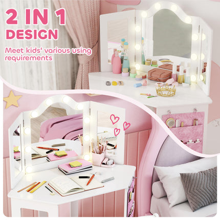 Kids Dressing Table and Stool Set, Girls Vanity Table with 2-Colour LED Lights, Tri-Folding Mirror, White