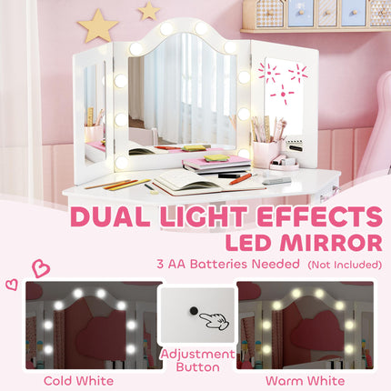 Kids Dressing Table and Stool Set, Girls Vanity Table with 2-Colour LED Lights, Tri-Folding Mirror, White