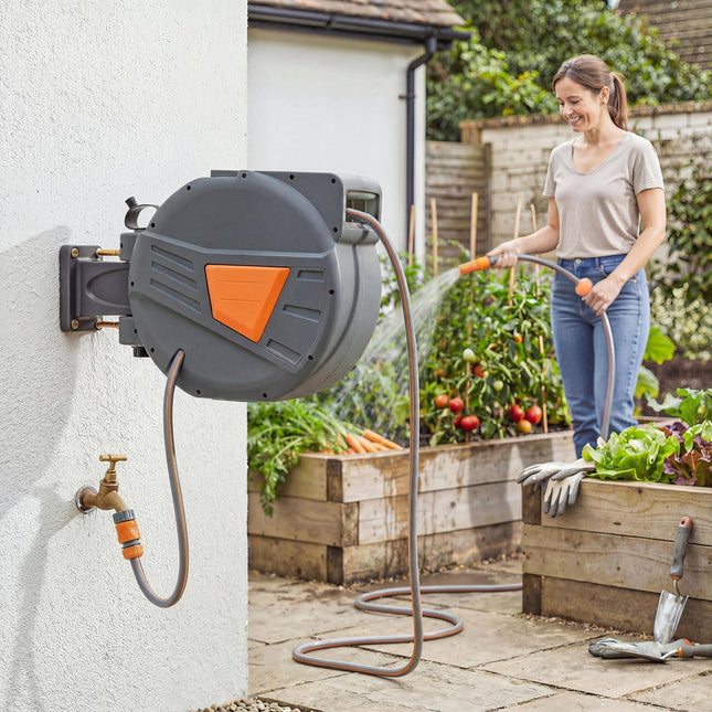 Retractable Hose Reel Wall Mounted, 20+1.6m Garden Hose Pipe Reel with Auto Retraction, Self-Locking, Orange
