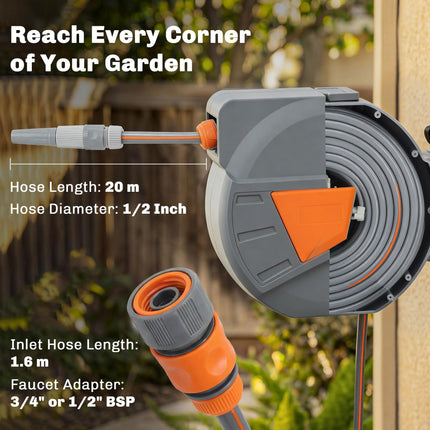 Retractable Hose Reel Wall Mounted, 20+1.6m Garden Hose Pipe Reel with Auto Retraction, Self-Locking, Orange